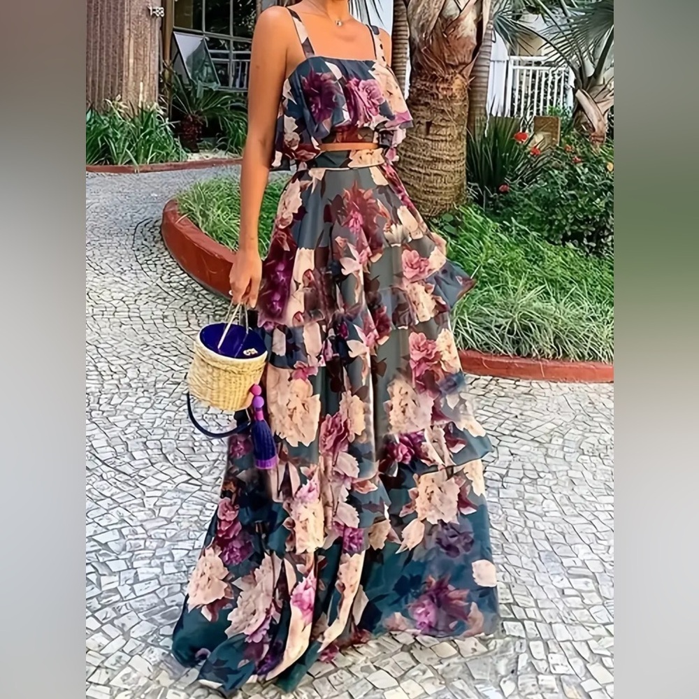 New 2 Piece Floral Ruffle Top And Maxi Skirt Size Med - Picture 2 of 12